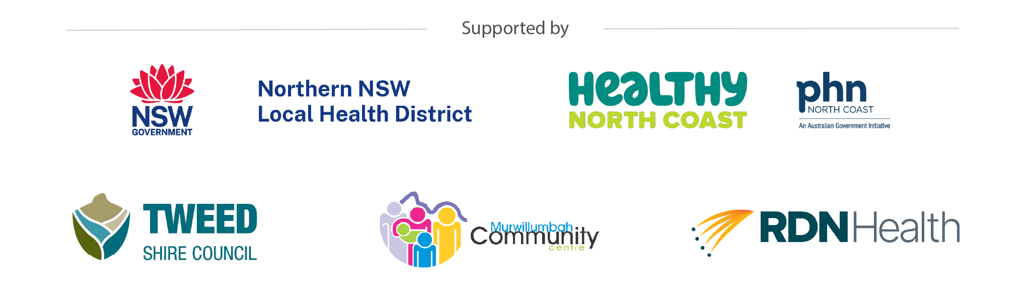 Partner logos: Northern NSW Health, Primary Health Network, Tweed Shire Council, Murwillumbah Community Centre, RDN Health