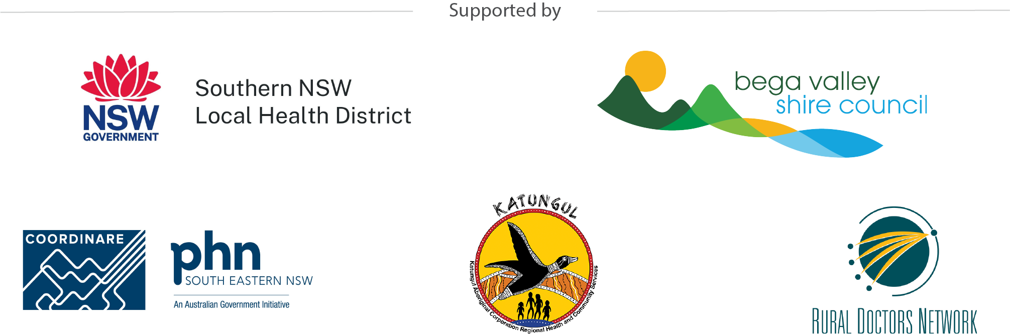 Partner logos: Southern NSW Health, Coordinairre, Bega Valley Shire Council, Katungul Aboriginal Corporation, Rural Doctors Network
