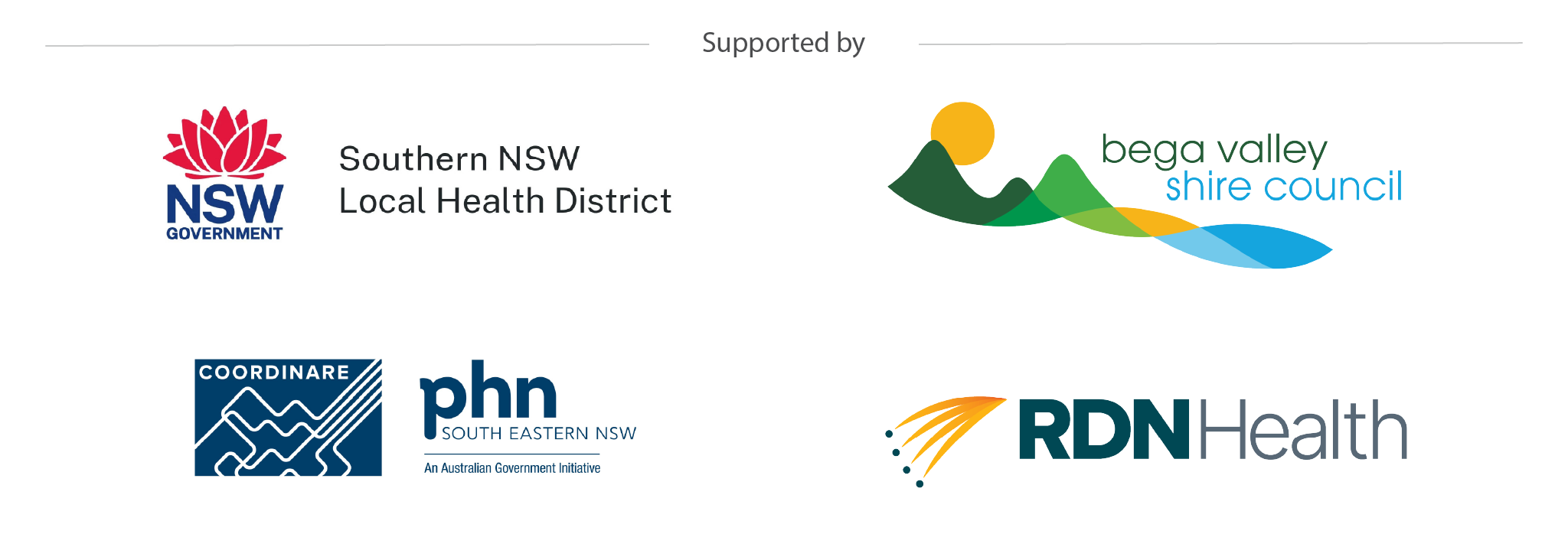 Partner logos: Southern NSW Health, Coordinairre, Bega Valley Shire Council, Katungul Aboriginal Corporation, RDN Health