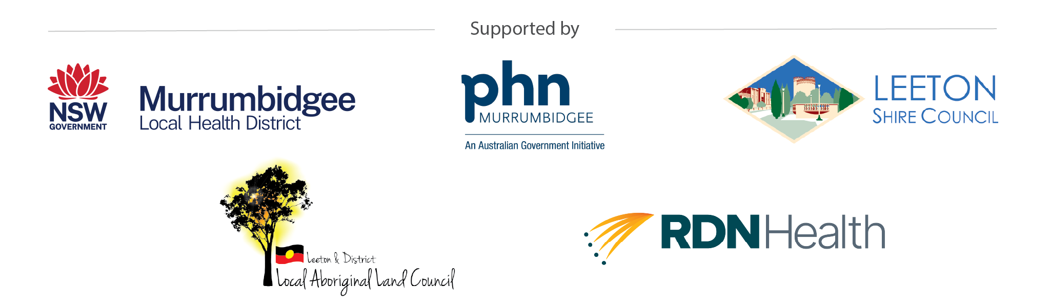 Partner logos: Murrumbidgee Health, Primary Health Network, Leeton Shire Council, Leeton and District Local Aboriginal Lands Council, Rural Doctors Network