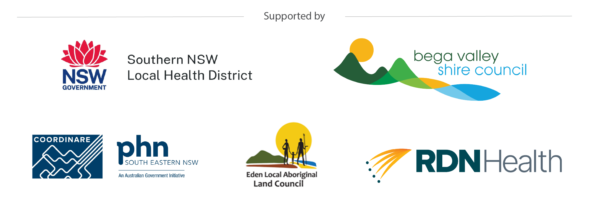 Partner logos: Southern NSW Health, Coordinairre, Bega Valley Shire Council, Eden Local Aboriginal Lands Council, Katungul Aboriginal Corporation, RDN Health